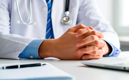 Врач держит руки на столе